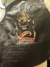 Harley-Davidson Genuine Leather Black Snap Front Lined Vest Skull & Flames Back picture