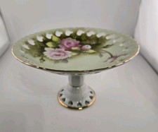 VTG Lefton Green Heritage Footed Plate Dish Roses Gold Trim Hand Painted #2274 picture