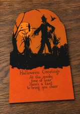 Greeting card Halloween vintage Reproduction Scarecrow Moon Crow Hay - Brand New picture