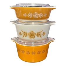 Vtg 1970s Pyrex BUTTERFLY GOLD & CHEVRON Casserole Dish Set w/Lids 471 472 473 picture