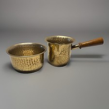 Vintage Mid-Century Swedish Hammered Brass Coffee Pot & Bowl Set -Handarbete picture