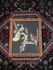 WHIMSICAL 10½ by 12½ Mid-Century MEXICO Folk Art Feather BIRDS Vintage FRAMED picture