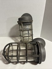 2 Vintage INDUSTRIAL Cage LIGHT Fixture Explosion Proof ADALET W/ Glass GLOBE picture