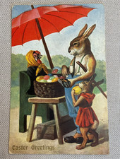 Antique Easter Postcard Germany Anthropomorphic Chicken Sells Eggs to Bunnies picture