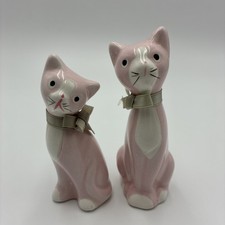 Vtg MCM Ceramic Pink Cat Figurines Cute Hand Painted Pair Set picture