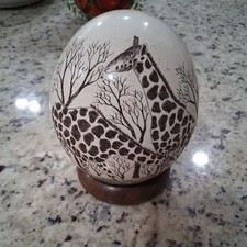 Vintage Hand-Etched Scrimshaw Ostrich Egg - African Giraffe Scene w/ Wood Stand picture