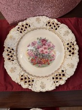 Antique Reticulated Pierced Cabinet Plate with Cherries and Pink Roses Motif,12” picture