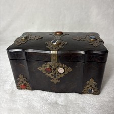 Antique 19th Century Napoleon III French Tea Caddy Box Wood Stone Brass picture