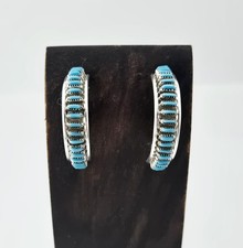 Vintage Zuni Turquoise Needlepoint Sterling Silver Half Hoop Earrings - 4.5g picture