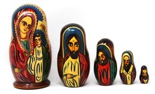 Russian Nativity Nesting Dolls Wood Hand Painted 5 Pcs Madona Child Kings Signed picture
