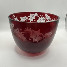 Christmas BOHEMIAN RUBY RED Cut To Clear Crystal Glass HOLLY BERRIES BOWL picture
