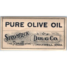 Vtg Strombeck Drug Co Maxwell Iowa Pharmacy Label Pure Olive Oil Rexall c1910s picture