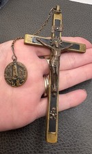 VTG HUGE EUROPE NUN PECTORAL BRASS CROSS CRUCIFIX JESUS CHRIST INRI SKULL INLAY picture