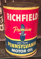 1940s VINTAGE RICHFIELD 100 % PURE PENNSYLVANIA ONE QUART MOTOR OIL TIN CAN picture
