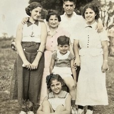 Vintage B&W Snapshot Photograph Beautiful Family Tinted Outside picture