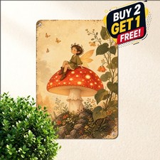 Warm Spotted Toadstool Fairy Sign Whimsical Fungi Forest Home Metal Tin Plaque picture