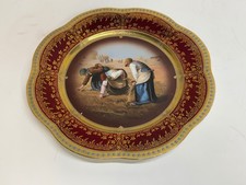 Antique Royal Vienna “The Gleaners” Porcelain Hand Painted Burgundy Plate picture