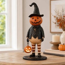 Vintage Halloween Pumpkin Lantern Witch Gentleman Lighted Tabletop Decor picture
