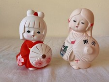 Set of 2 Vintage Japanese Geisha Hakata Doll Figurines Hand Painted ~ 5-1/4