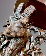 Antique Black Forest Carved 12” Wall Shelf, Foliage & Large Hunt Chamois Figure picture