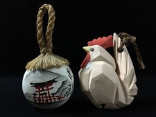 S1431 Vintage Japanese Clay Bell Rooster Torii Gate Shinto Shrine Set of 2 picture
