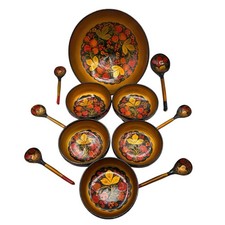 USSR Khokhloma Hand Painted Lacquered Wooden 12 Piece Serving Set Gold Red Black picture
