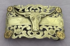 VTG Rare Open Filigree México Sterling Silver Longhorn & Horseshoes Belt Buckle picture