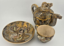 Antique Japanese Satsuma Dragon Teapot Tea Set Tokuju Mark Arhats Gold Gilt Meij picture