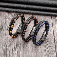Obsidian Tiger Eye Beaded Protection Strength Healing Men Leather Bracelet Gifts picture