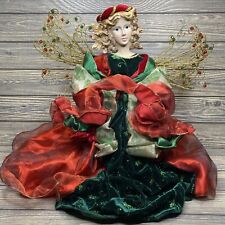 Vtg Christmas Angel Porcelain Face Red Green Gown Gold Wore Wings 16” picture