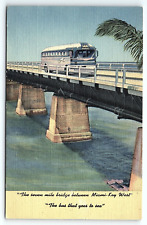 1949 MIAMI KEY WEST FL GREYHOUND BUS LINES CROSSING BRIDGE LINEN POSTCARD P2672 picture