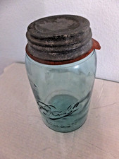 Antique Ball Mason Jar Aqua 2 F Mold 1910’s Zinc Lid Milkglass insert - 1 QT picture