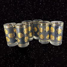 1970s Libbey Gold Liberty Coin Black Highball Barware Tumbler Glasses 12oz Set 6 picture