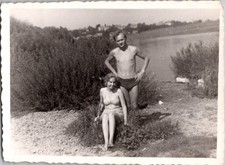 Vintage 1940s Snapshot Photo Couple in Swimwear at Lake Beach Black & White picture