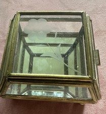 Vintage Etched Glass Brass Mirrored Trinket Box Brass picture