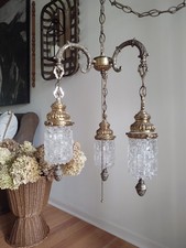 Vintage Triple Cut Glass Hanging Swag Mid-century Modern Hollywood Regency Light picture