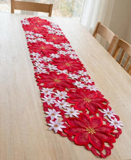 Vintage 1990s Christmas Table Runner Embroidered Poinsettia Gold Metallic 66x12 picture