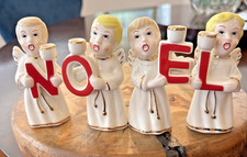 Vintage Inspired Noel Angels Set of 4 Gold Trim Ceramic Candle Holders Red NOEL picture