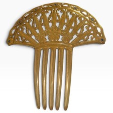 Antique Edwardian Amber Celluloid Hair Comb Blue Rhinestones c1900 6.25” picture