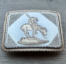 VINTAGE 1980'S END OF THE TRAIL BELT BUCKLE USA 2 TONE NICKEL SILVER  picture