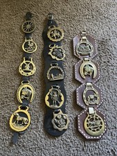 Vintage Horse Brass Harness Medallions (14) on Leather Straps (3) picture