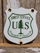 VINTAGE FOREST SERVICE PORCELAIN SIGN OLD NATIONAL PARK RANGER SHIELD SMOKEY 5