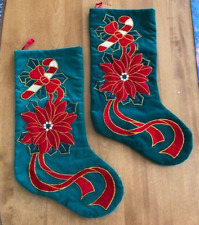 Set of 2 Prima Creations Christmas Stocking Green Velvet Poinsettia Embroidered picture