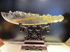 4.9lb TOP Natural Gold Rutile Quartz Carved Crystal Dragon Knife Decor+stand picture