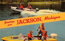 Jackson Michigan Fishing Center Big Wolf Lake Kalamazoo River Vtg Postcard G60 picture