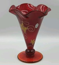 Vintage Fenton Ruby Red Glass Hand Painted Gold Star And Ribbon Vase Signed  picture