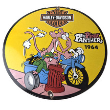 Vintage Harley Davidson Motorcycles Sign - Pink Panther Porcelain Gas Pump Sign picture
