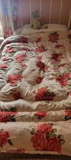 Gorgeous Vintage Eiderdown Feather Quilt Red Roses on Satin 60 x 50 inch picture