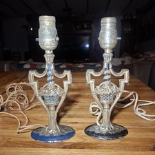 Early Antique Pair of Art Nouveau Boudoir Lamps Cast Iron basket blue Vintage picture