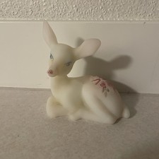 Vintage Fenton Glass White Satin Rose Deer Figurine, Hand Painted w/ Signature  picture
